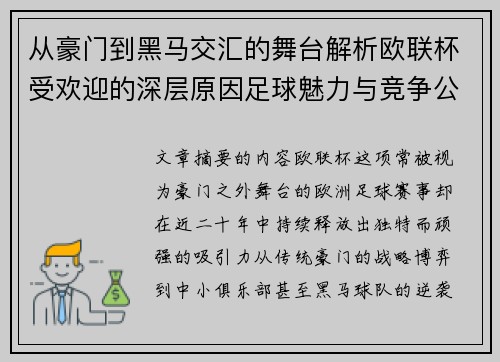 从豪门到黑马交汇的舞台解析欧联杯受欢迎的深层原因足球魅力与竞争公平性